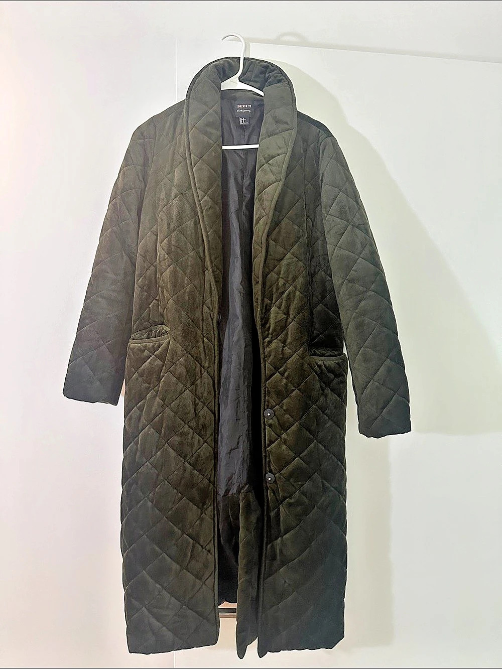Forever 21 Quilted Long Coat in Green